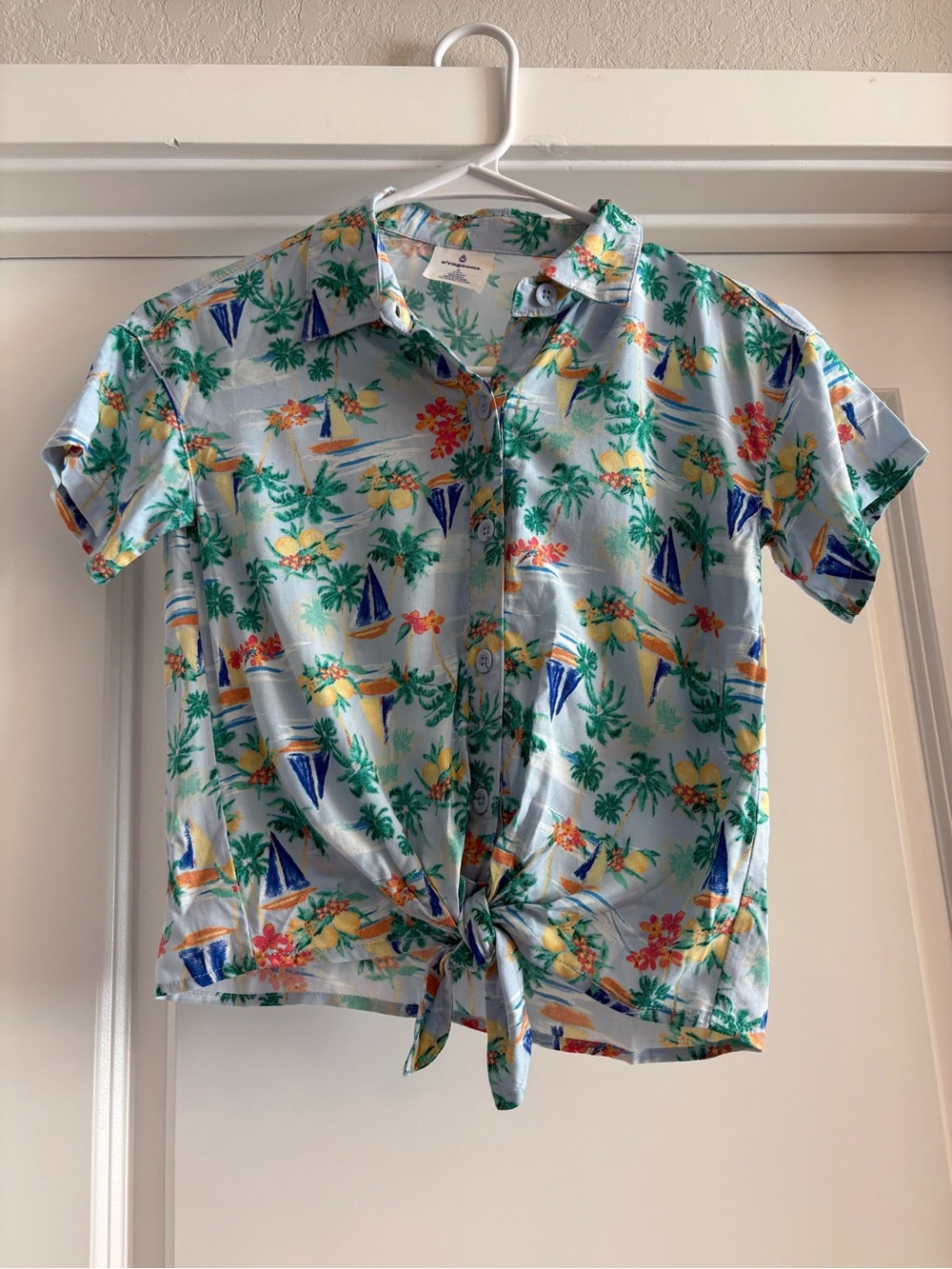Kids Light Blue Tropical Sailboat Tie-Front Button Shirt